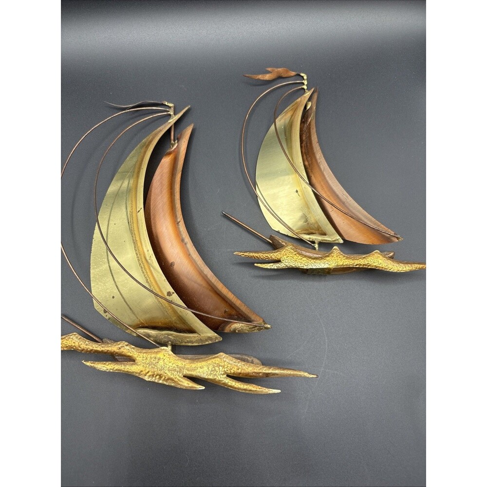Vintage MCM Mid Century Sailboat Metal & Wood Wall Art Copper Brass Set 2 pc